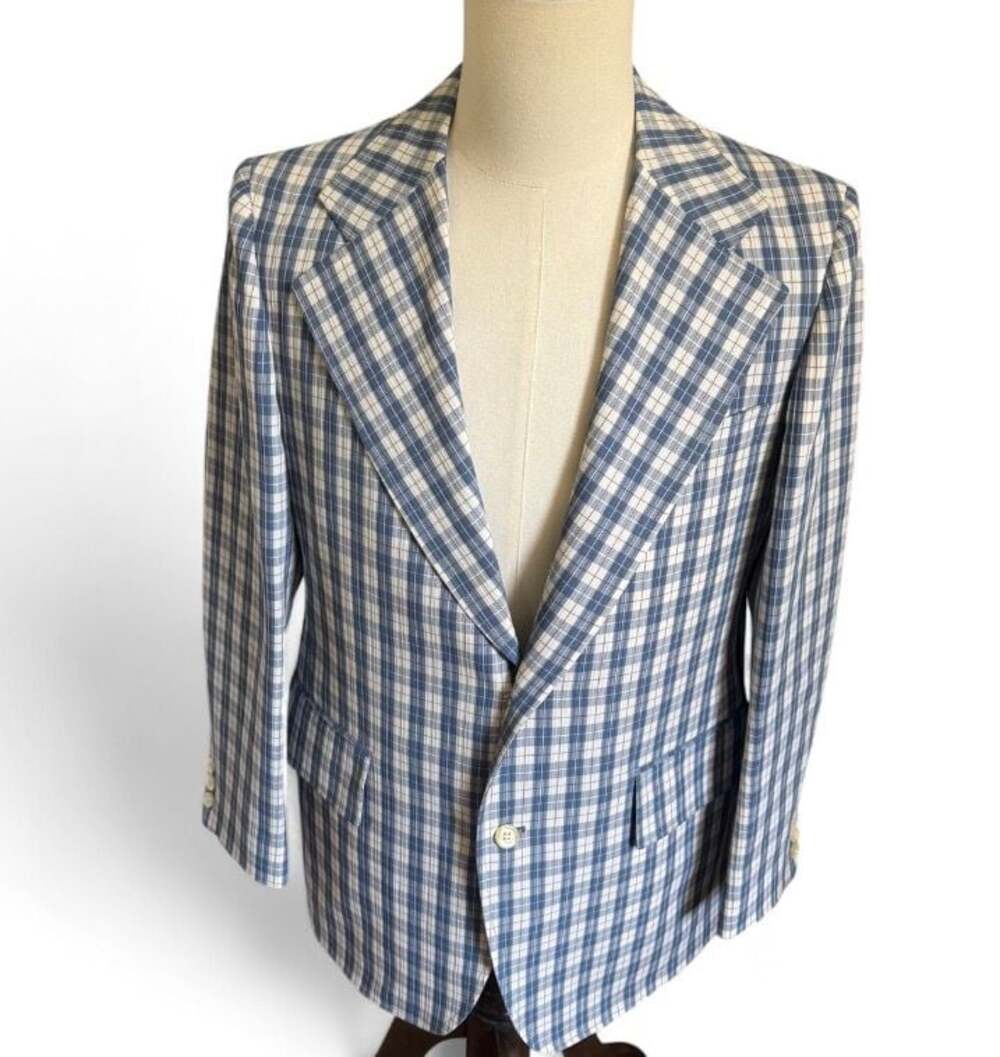 Vintage 70’s Cricketeer Plaid Sport Coat Blazer Blue White